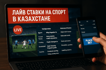 Лайв ставки на спорт в Казахстане с таблицей популярных видов спорта и коэффициентами на экране ноутбука