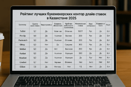 Таблица с рейтингом лучших букмекерских контор для лайв ставок в Казахстане на экране ноутбука в 2025 году